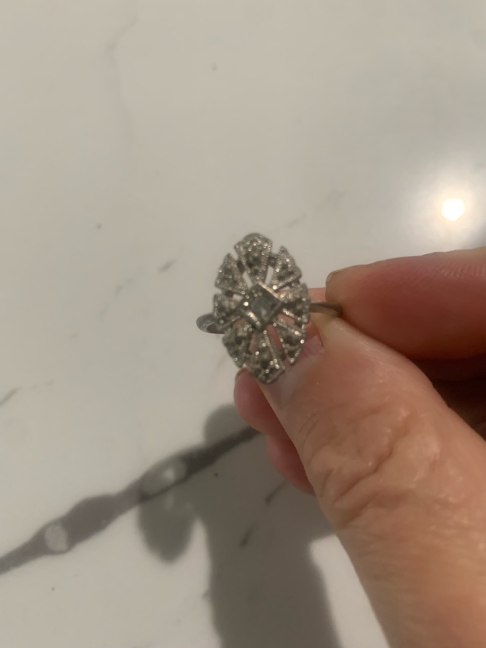 Vintage Silver toned Floral Marquise Ring with Clear Stones size 9